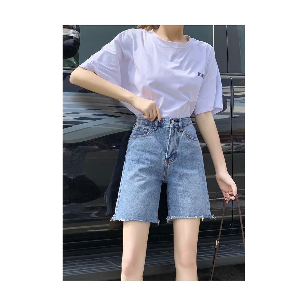 Quần short jean nữ trơn basic line rách - Hàng có sẵn