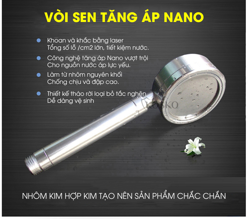 Vòi sen tăng áp Kosko không dùng điện, nhôm nguyên khối, công nghệ tia nước nano mềm dịu làn da