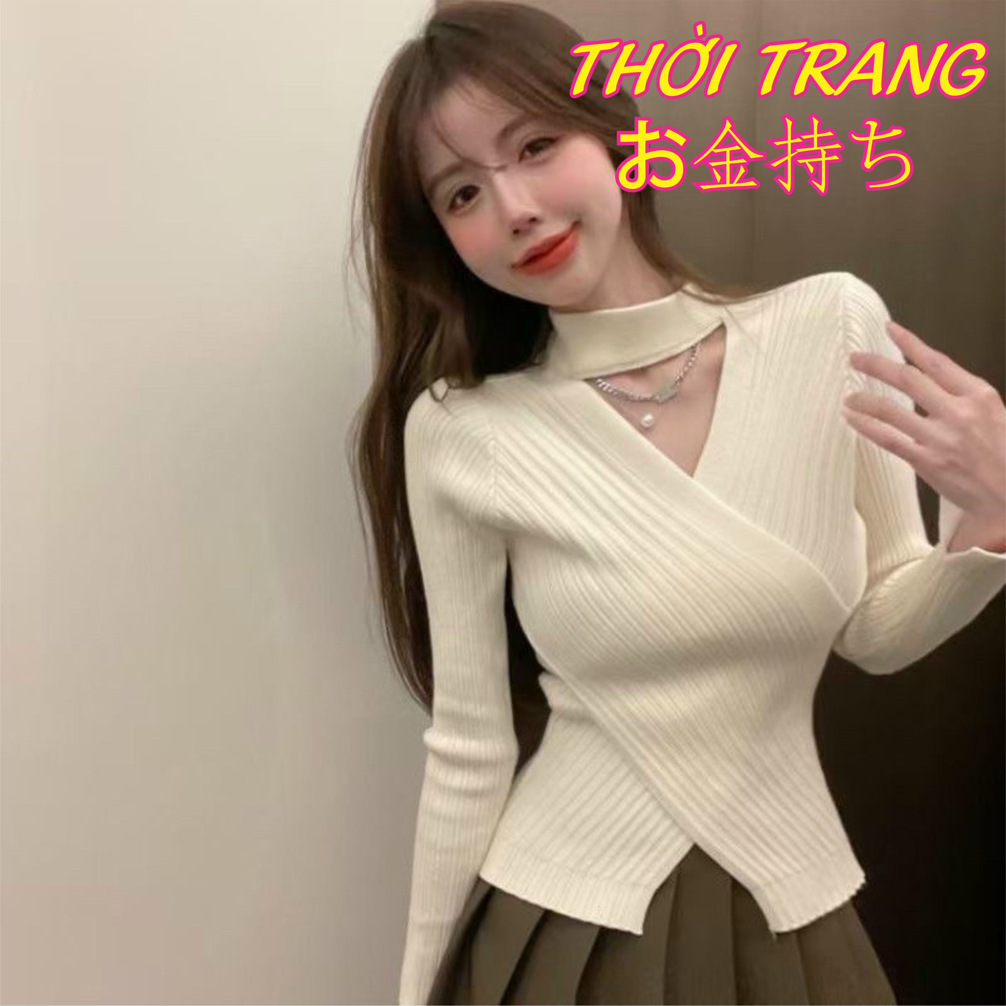 Áo len nữ kiểu len vạt chéo cổ choker dài tay dáng ôm chất đẹp 3432