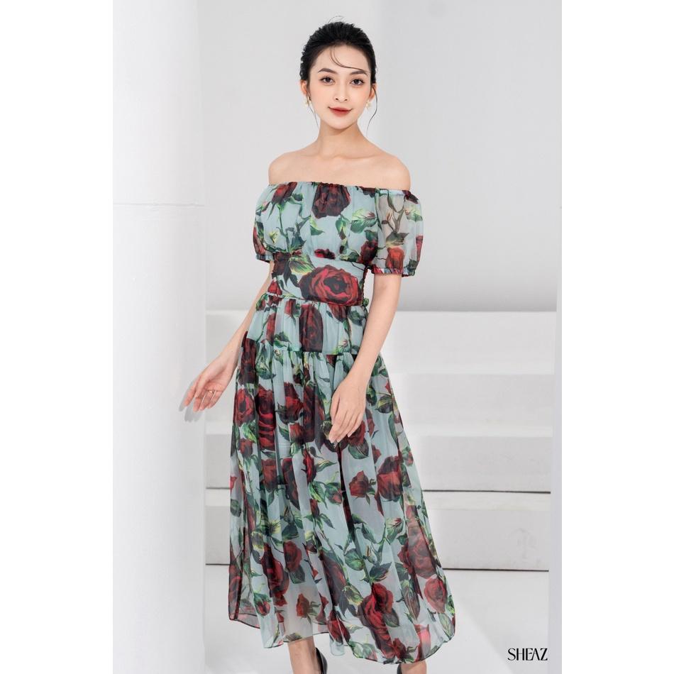 SHEAZ Set đầm xanh voan cao cấp, in hoa hồng, phong cách Hàn Quốc, đầm trễ vai, áo trễ vai, đầm dài