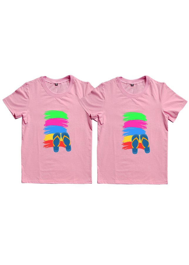 Áo Thun Đôi Họa Tiết Đôi Dép Màu Hồng Ruốc