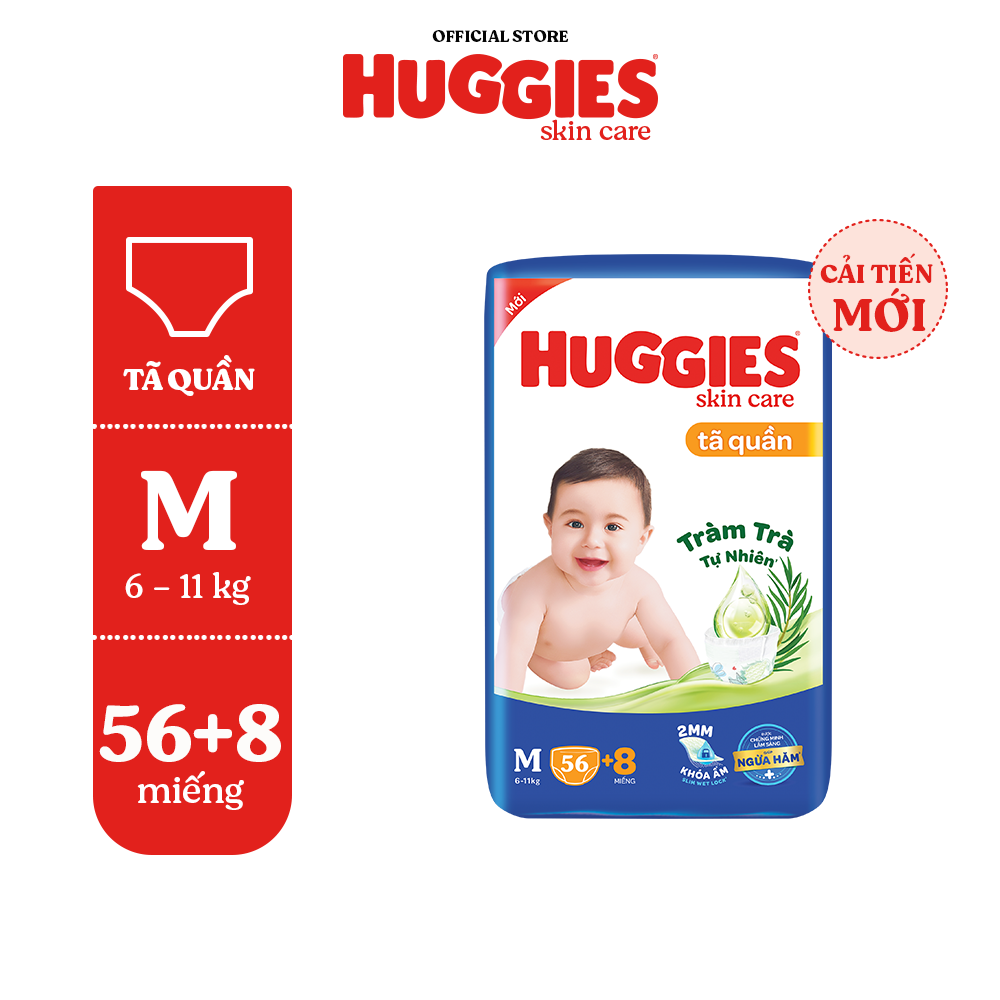 Tã/bỉm quần HUGGIES SKINCARE gói M76+8/L68/XL60/XXL54 (M56/L48/XL40/XXL36+8)