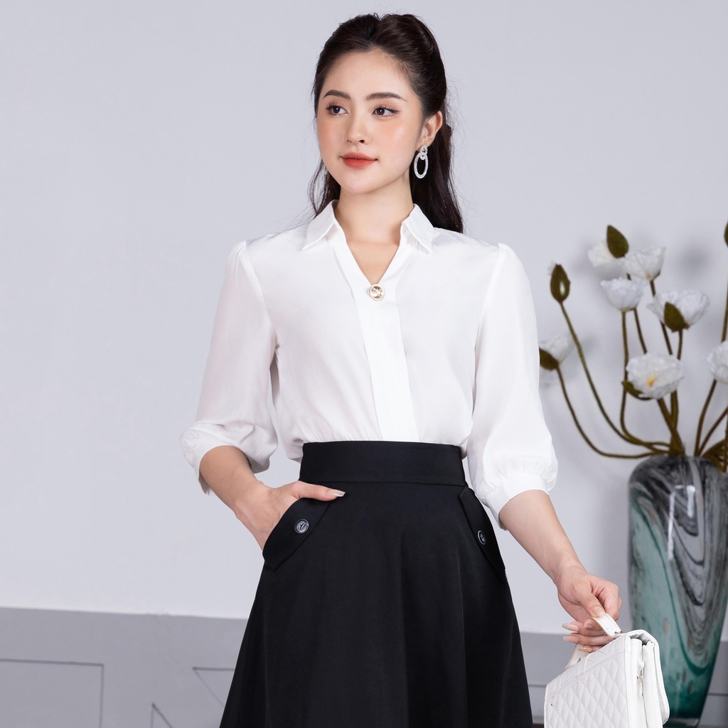 Áo Sơ Mi Tay Lỡ UK FASHION Thiết Kế Cổ V Phối Vạt Dọc Lịch Sự Nhã Nhặn Chất Vải Nhập Hàn Mềm Mịn Cao Cấp NKSM2206011