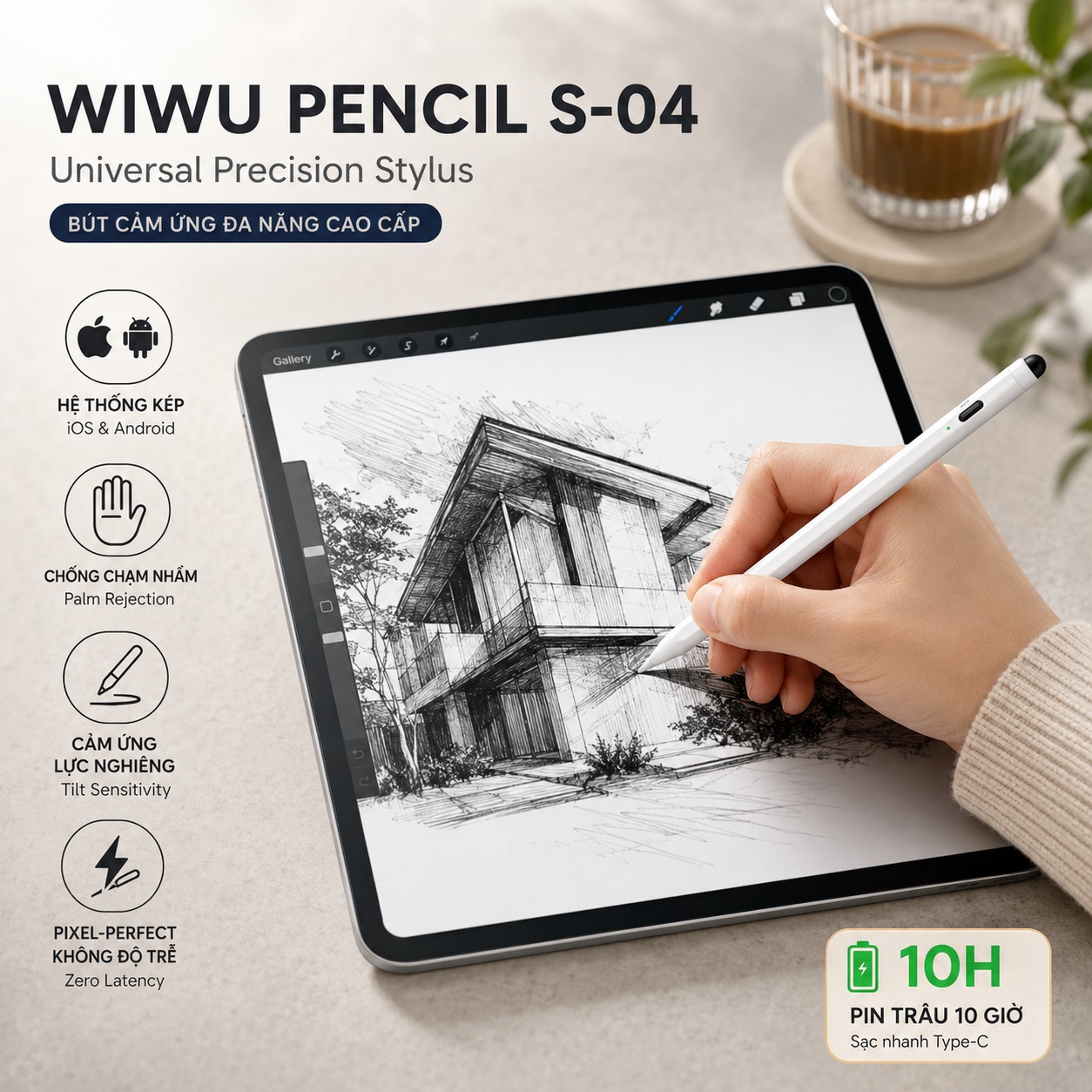 Bút cảm ứng styplus hỗ trợ tì tay cảm ứng lực nghiêng WIWU Pencil S-04 cho iPad iPhone Androids Pro 11 13 Air 10.9 - Hệ Thống Kép iOS Android, Magnetic | Pixel Perfect | Sạc Type-C - Hàng nhập khẩu