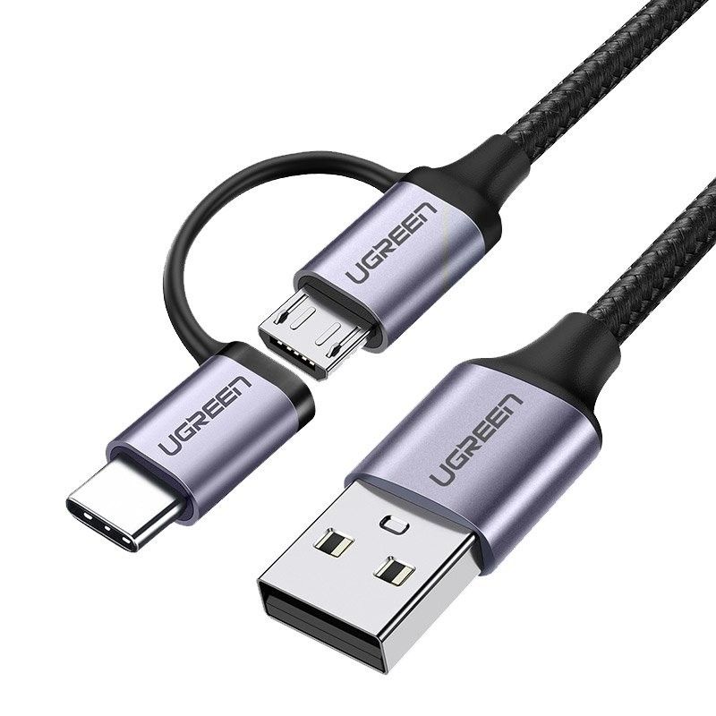 Cáp USB A ra Micro + Type C màu đen dây bện dù đầu bọc nhôm Ugreen 177UB30875US 1m hàng chính hãng