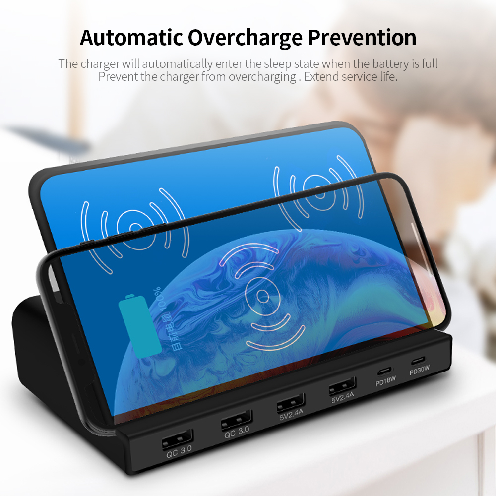 Bộ sạc 819 6 cổng USB Không dây PD + QC3.0 đa chức năng cho điện thoại di động / máy tính bảng / máy tính xách tay