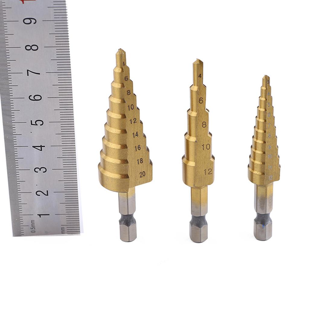 3pcs Step Titanium Cone Drill Hole Cutter Bit Set Tool Triangular Shank Set