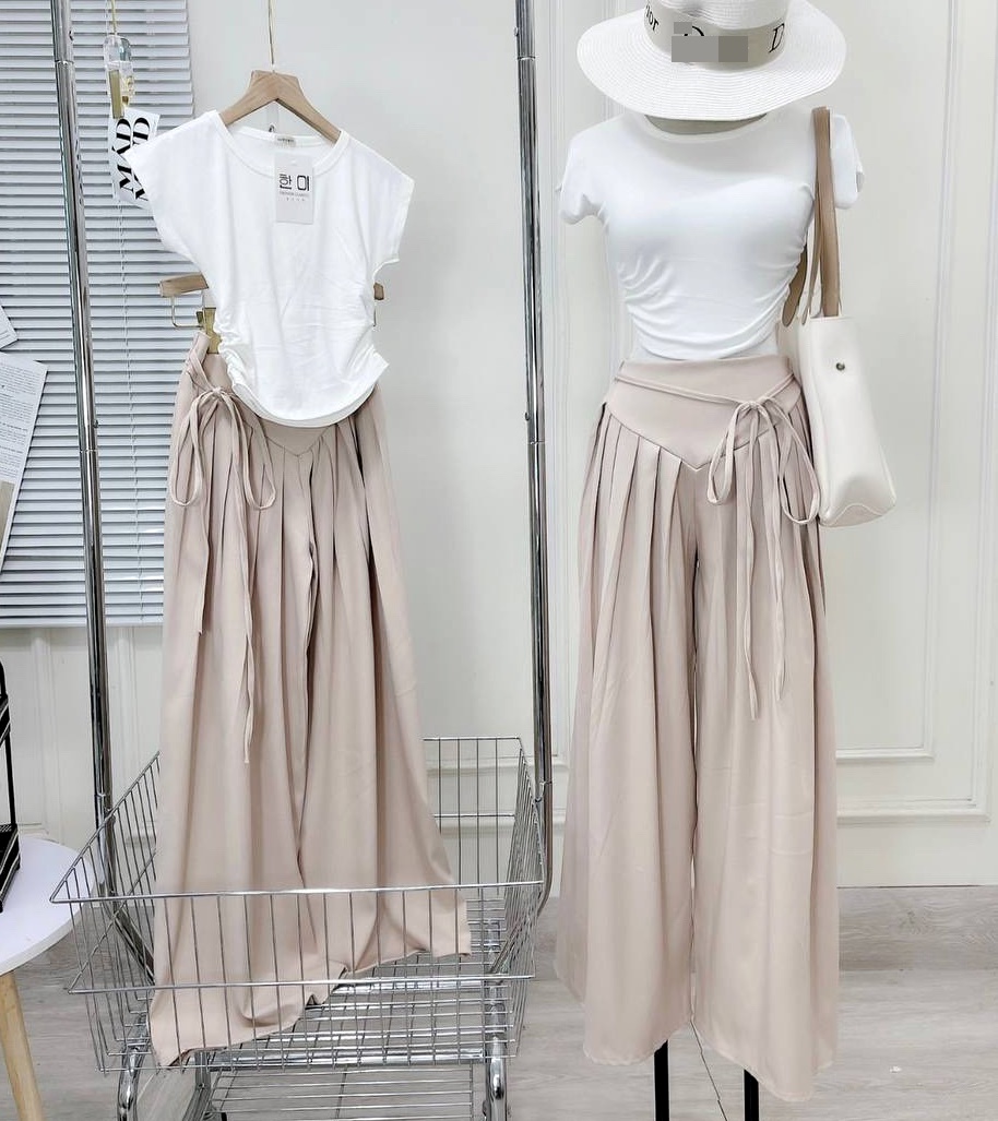 SET QUẦN ỐNG RỘNG GIẢ VÁY MIDI XẾP LY DÂY RÚT LƯNG THUN CAO MAXI + ÁO THUN 3 LỖ PASTEL ĐI TIỆC DẠO PHỐ ĐI CHƠI ĐI BIỂN