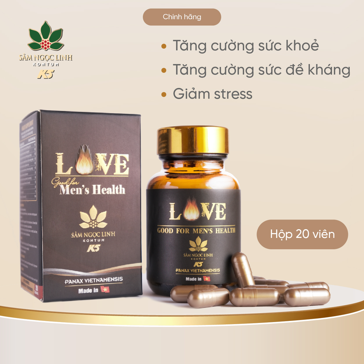 Viên Uống Sâm Ngọc Linh - Love Good ForMen's Health Tăng Cường Sức Khoẻ, Giảm Căng Thẳng Cho Nam - Hộp 20 viên