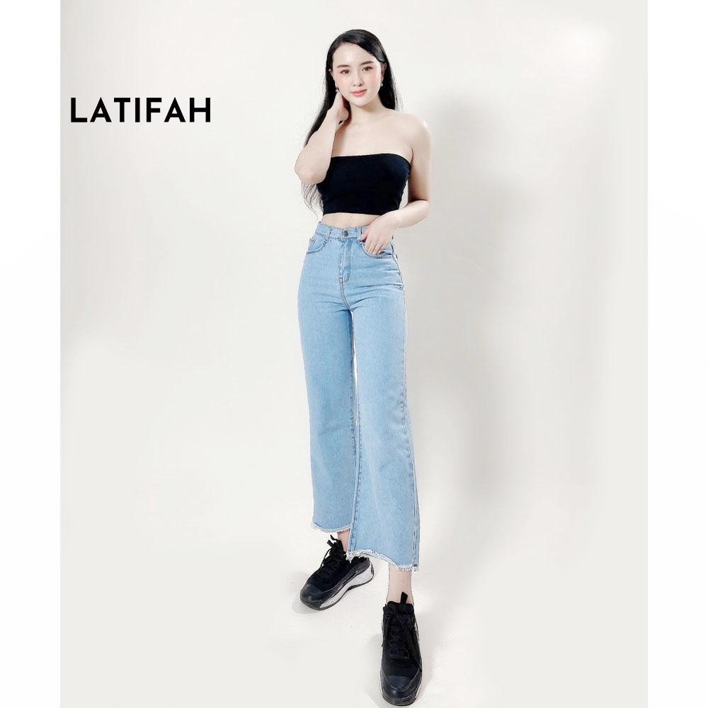 Quần baggy jeans nữ LATIFAH ống rộng trơn tua lai màu trắng bạc QD014