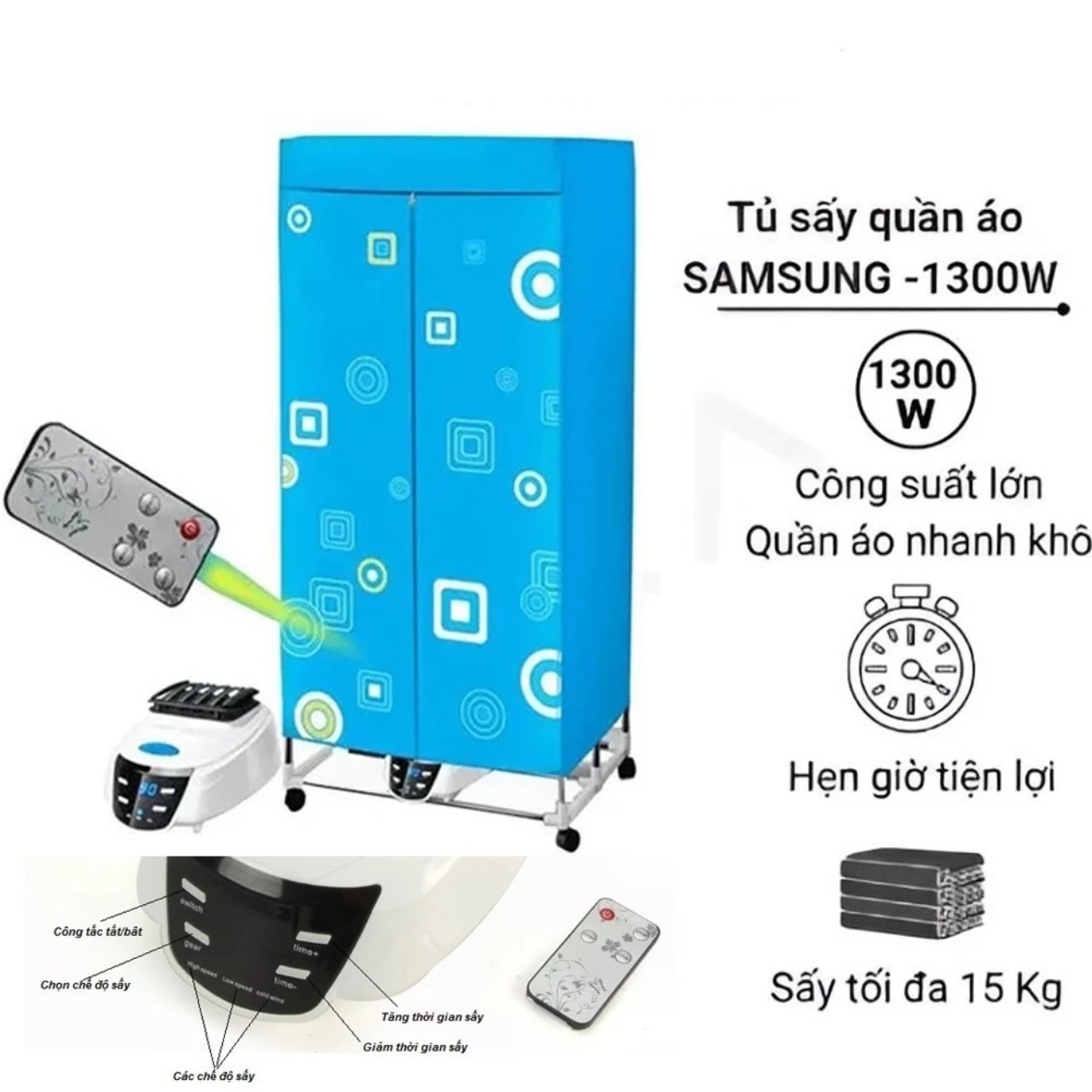 Máy sấy quần áo, Tủ sấy quần áo gấp gọn 1300W tải trọng 15kg hàng cao cấp hong khô nhanh