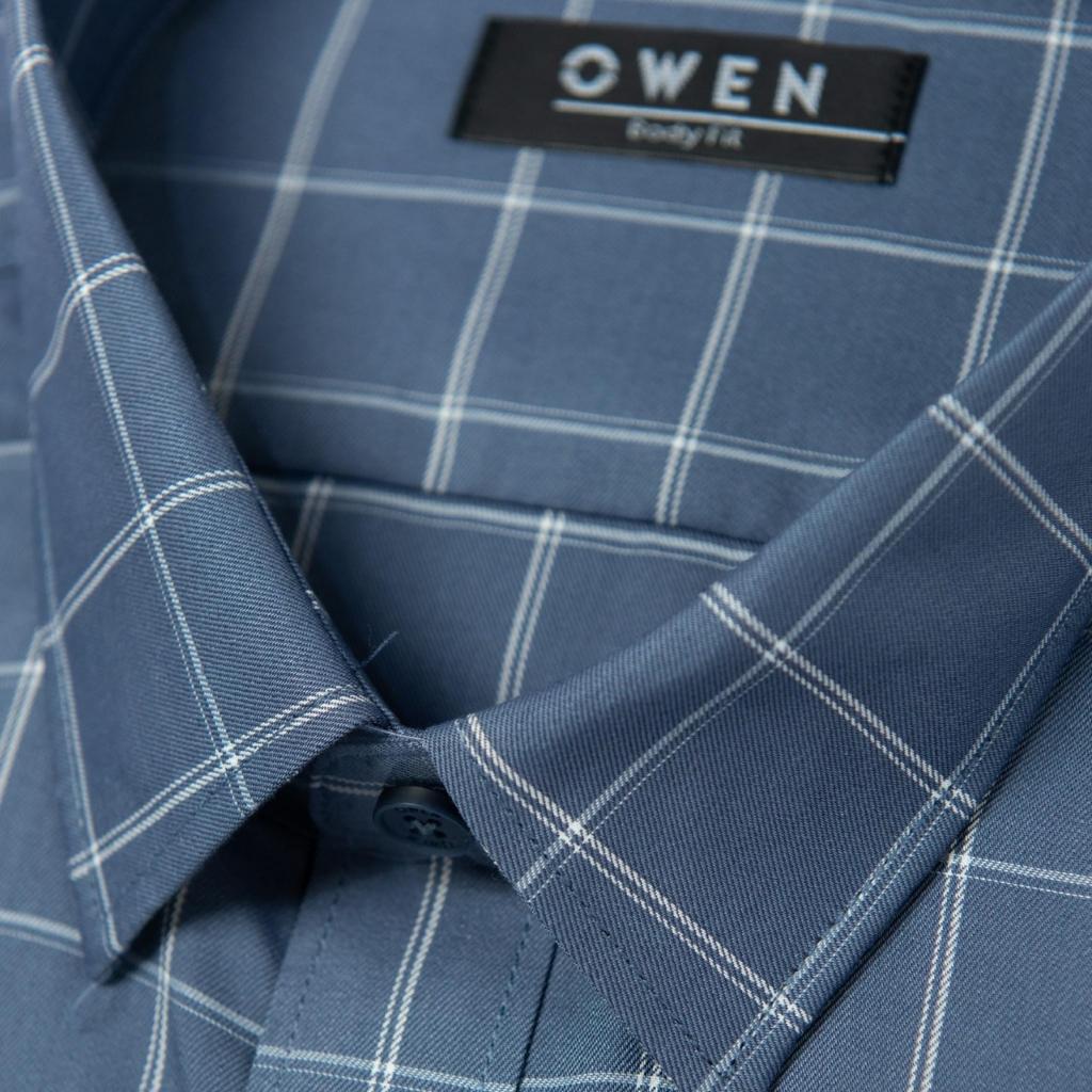 OWEN - Áo Sơ mi ngắn tay Owen vạt ngang chất sợi tre xanh ghi kẻ ô 230131