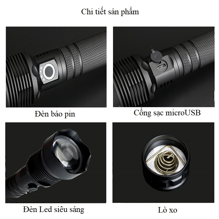 Đèn pin siêu sáng CREE P70 ( Cổng sạc MicroUSB , tay cầm chống trơn trượt, chống nước tốt, tản nhiệt cao, độ sáng cao)- Tặng VÍ THÉP ĐA NĂNG 11IN1