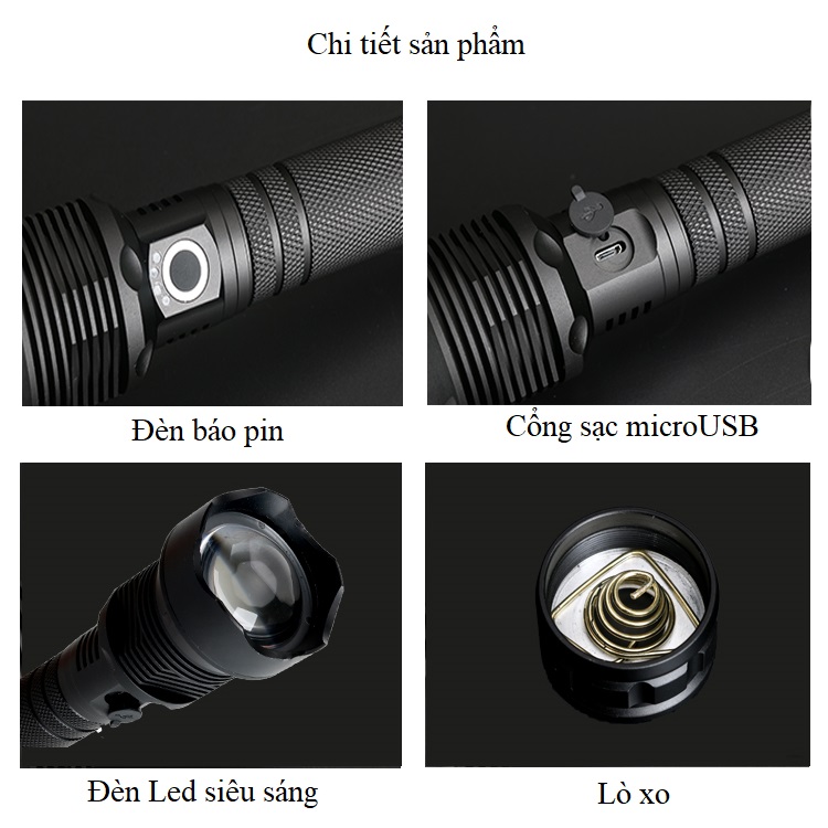 Đèn pin cao cấp cầm tay, sạc điện hỗ trợ dã ngoại ban đêm tích hợp đèn báo mức độ pin ở thân đèn XH70 ( Tặng kèm 04 móc treo đồ dán tường ngẫu nhiên chịu lực )