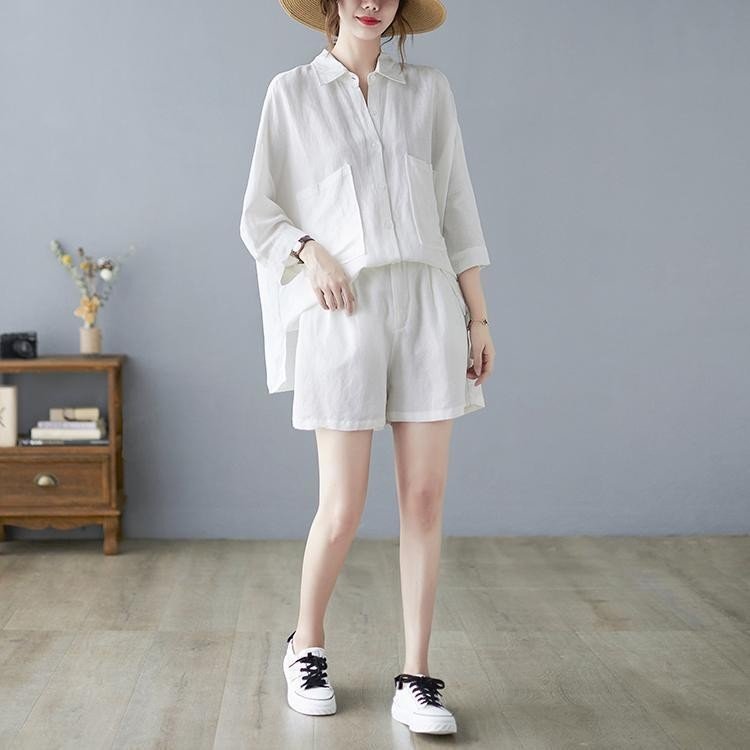 Bộ sơ mi nữ màu trắng chất liệu LINEN cao cấp, thiết kế  form rộng mặc thoải mái, thời trang nữ mùa hè năng động