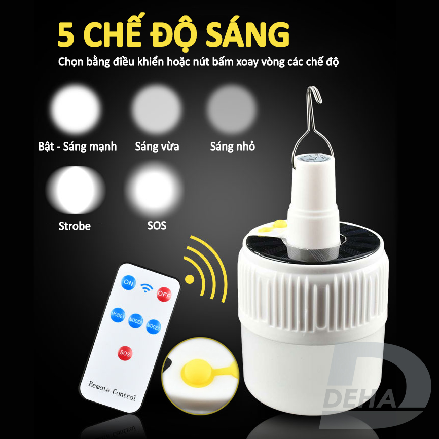 Bóng đèn Led sạc tích điện năng lượng mặt trời có móc treo, pin sạc dung lượng lớn, không cần dây điện, bulb chống nước, chiếu sáng du lịch, cắm trại camping, quầy hàng, câu cá, sửa xe (Tùy chọn công suất