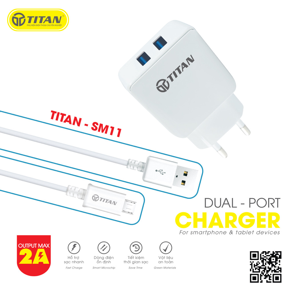 Bộ cốc sạc nhanh 2 cổng USB và cáp sạc Micro USB TITAN SM11 - Hàng Chính Hãng