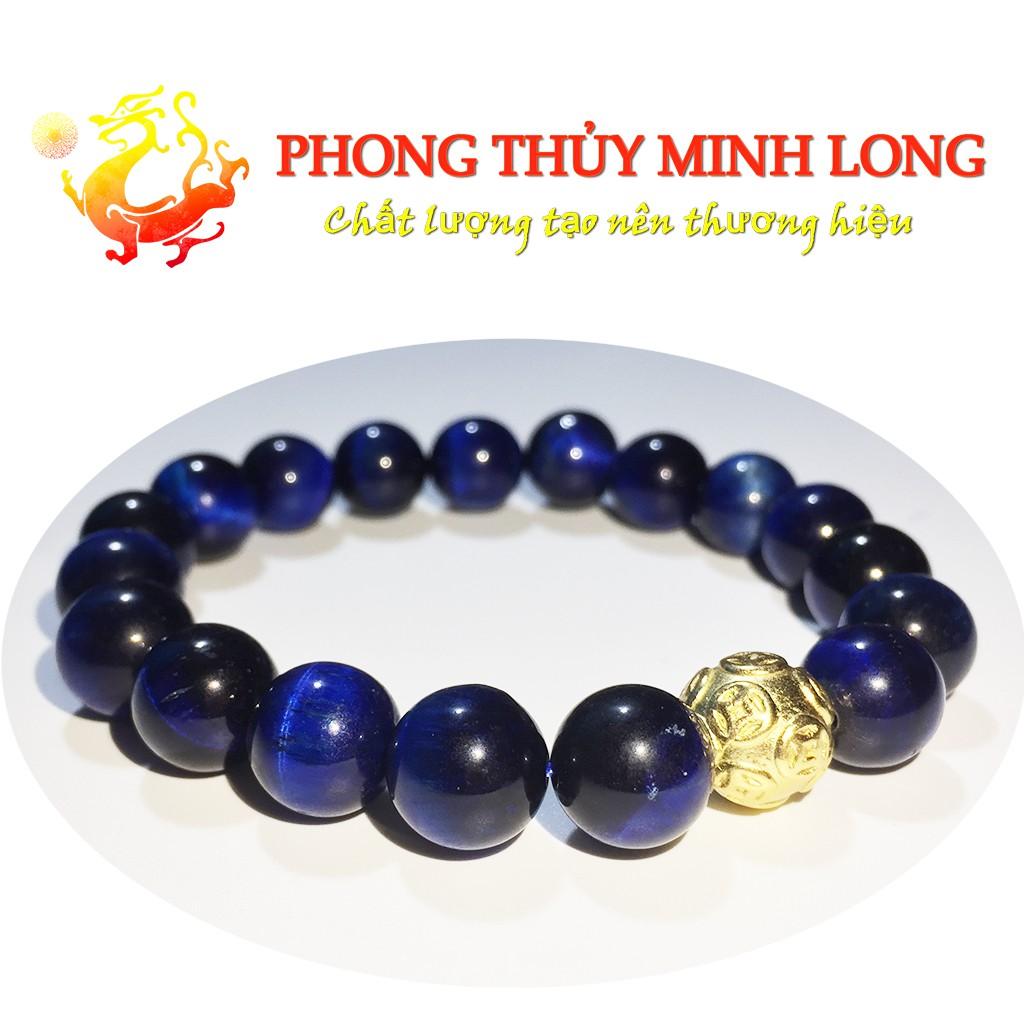 Vòng tay đá Mắt Hổ Xanh Dương chất lượng 5A mix 1hạt kim tiền Vàng hợp mệnh thủy và Mộc