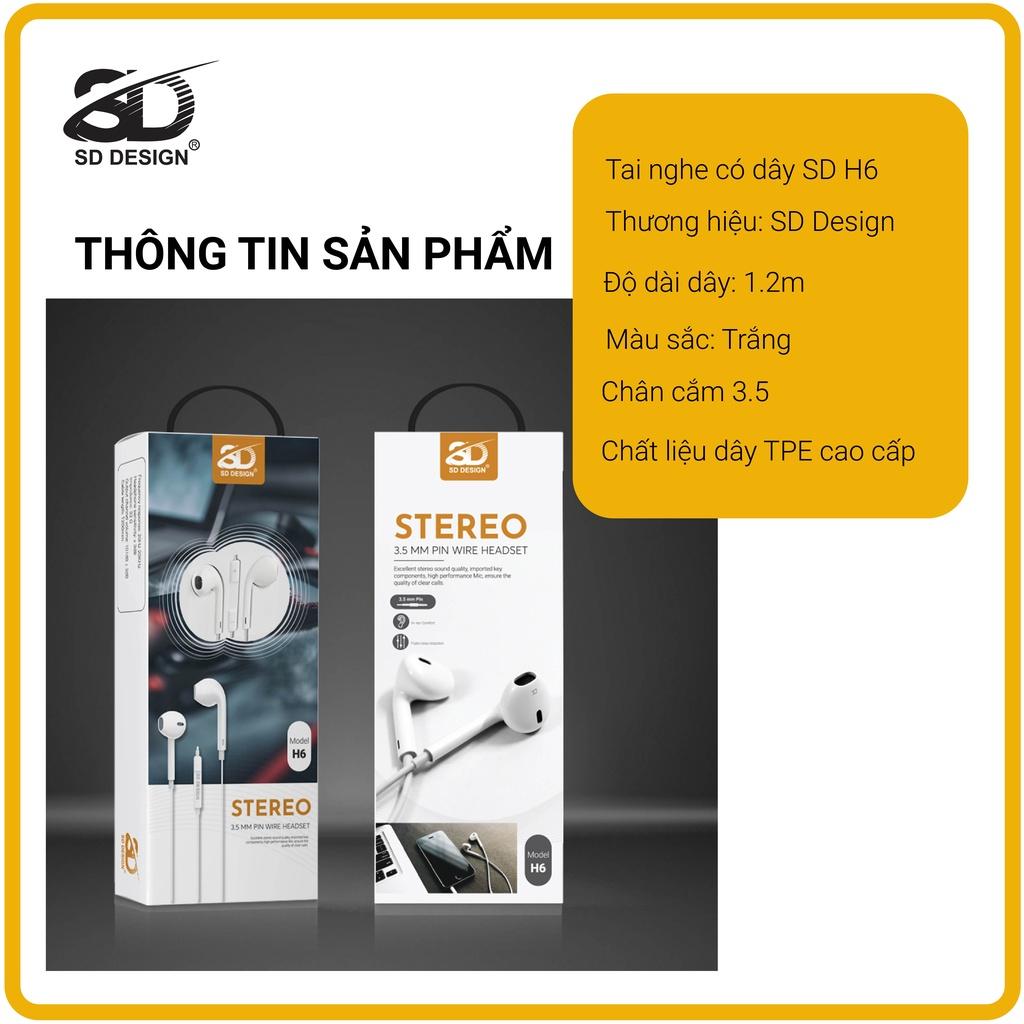 Tai nghe dây nhét tai H6 SD Design dùng cho dòng điện thoại jack 3.5mm,có mic bảo hành 1 đổi 1