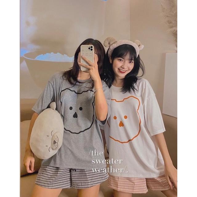 Bộ Ngủ Nữ Cộc Hình Gấu Set Áo Quần Cộc Cúc Cài Họa Tiết In 2 Màu