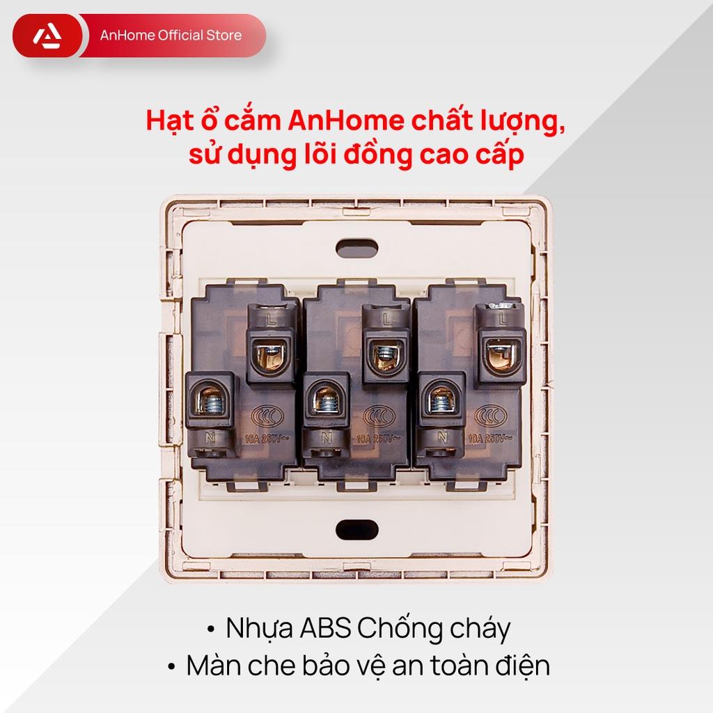 Ổ cắm điện mặt kính cường lực vuông 2 chấu viền mạ Champagne AnHome GS-U2