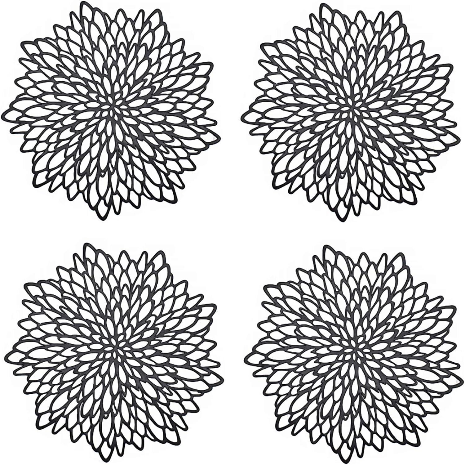 4 miếng khăn trải bàn màu đen, bộ bàn tròn rỗng -out rỗng, thảm nhựa tròn tròn, được sử dụng để cách nhiệt của tấm và trang trí bàn