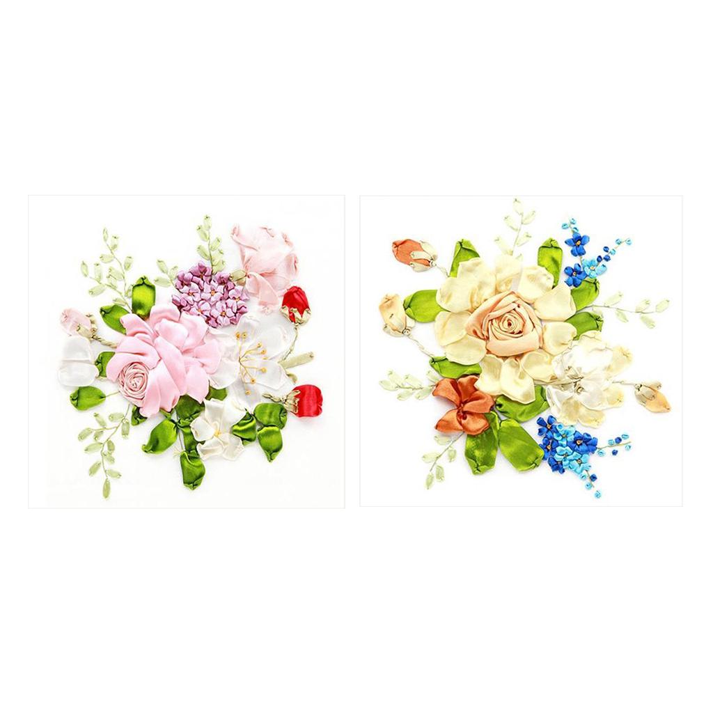2x Handmade Ribbon Embroidery Kits DIY Cross Stitch Work 35x35cm