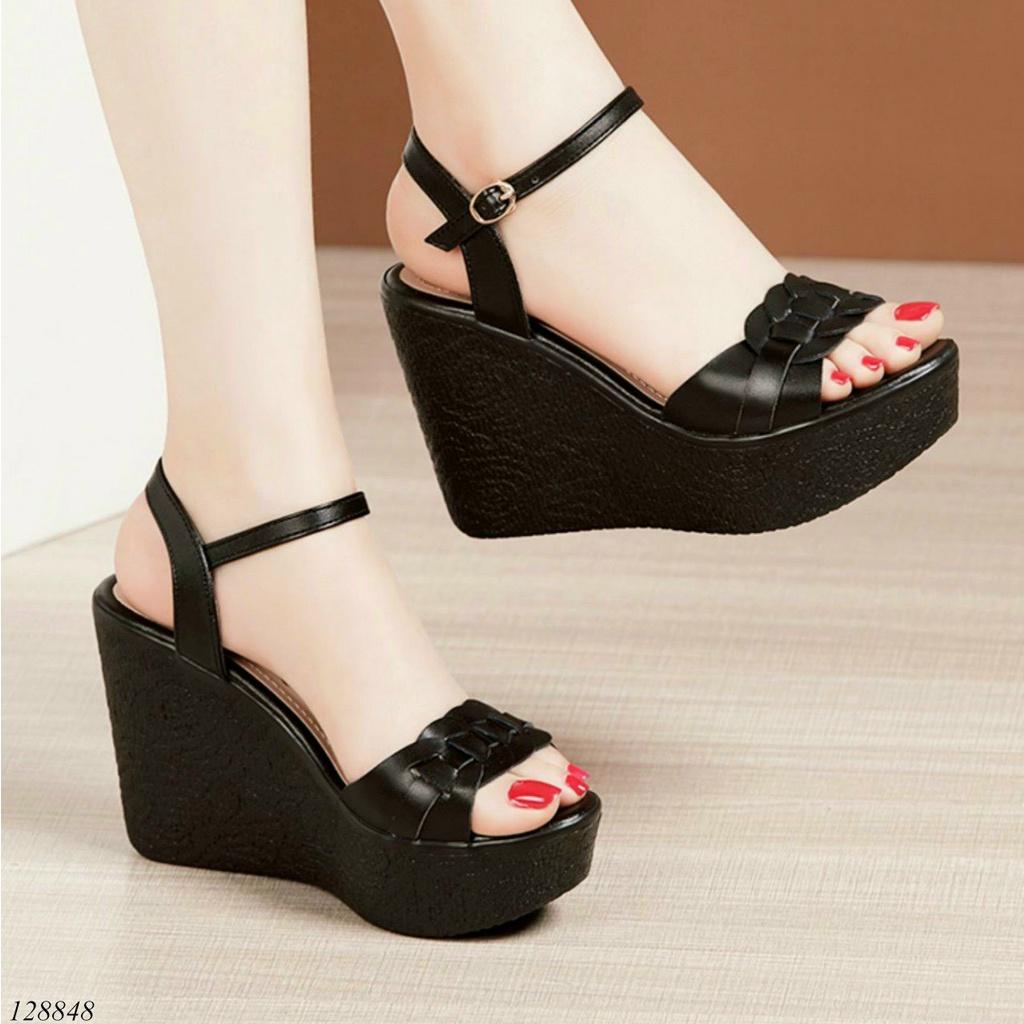 Giày sandal đế xuồng nữ 10cm,giày xăng-đan da quai ngang gót cao 10 phân nhiều màu siêu nhẹ