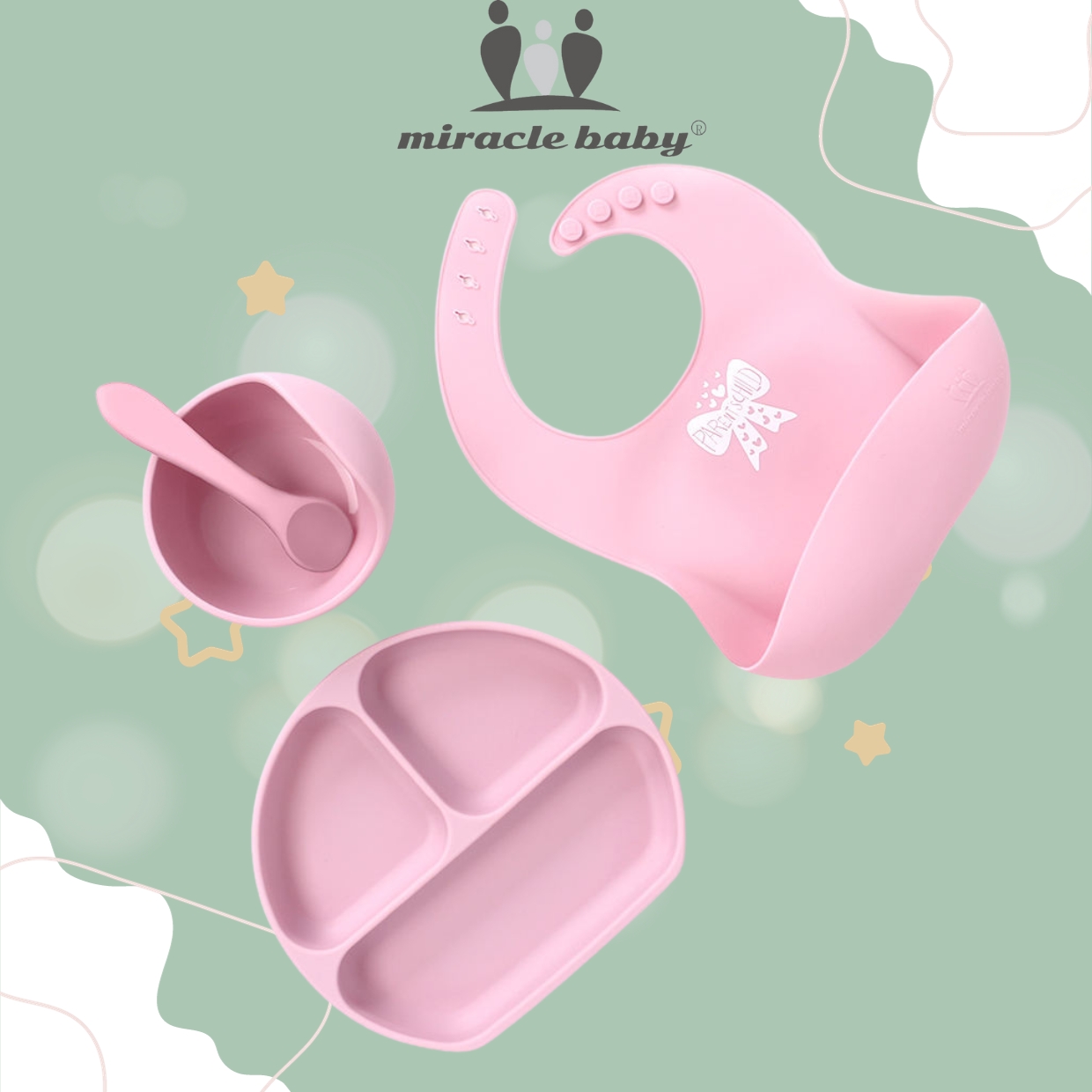 Combo 4 món ăn dặm Miraclebaby bát/chén-khay-yếm-muỗng/thìa-ly/cốc silicone cao cấp có đế hít chống đổ