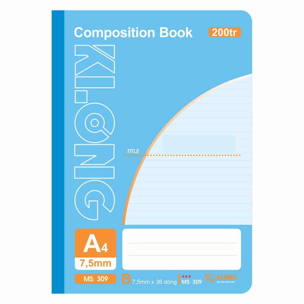 Sổ kẻ ngang may dán gáy Composition book KLONG A4 200 trang 58/92; MS: 309