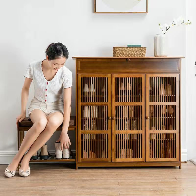 Tủ giày kèm đôn ngồi thay giày dép bằng gỗ tre 1m - Kệ để giày dép, Tủ giày thông minh nhiều ngăn Vintage decor đẹp