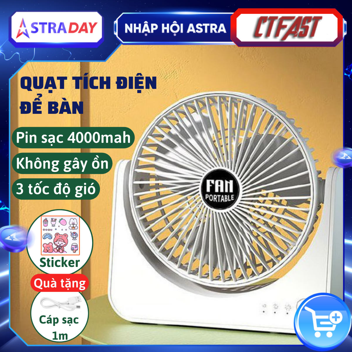 Quạt Tích Điện Để Bàn Ctfast F101, Quạt Mini Văn Phòng Không Gây Ồn, 3 Tốc Độ Gió, Điều Chỉnh 270 Độ, Tặng Kèm Sticker Trang Trí, Sạc Usb - Hàng Chính Hãng - Trắng - Pin 4000Mah