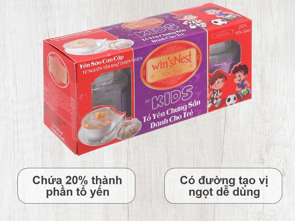 Yến sào cao cấp  win'sNest kids 20% tổ yến chưng sẵn dành cho trẻ em (3Lọ/ Lốc) hương vị vani sản phẩm thích hợp cho trẻ em từ 1 tuổi trở lên.