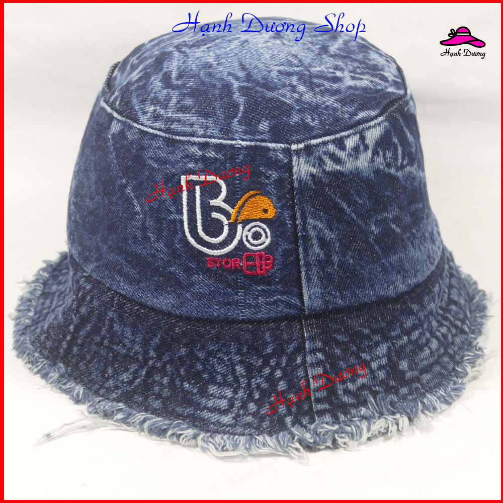 Mũ bucket jean viền rách tua rua thêu chữ B thời trang, phù hợp cho cả nam và nữ