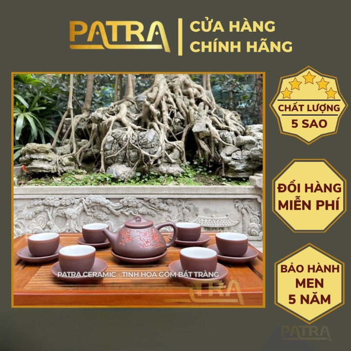 Bộ ấm chén uống trà cao cấp , bộ ấm trà Bát Tràng - trường sa thạch biều khắc hoa mai