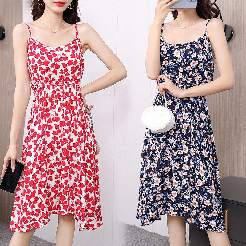 DONGSHOP Mùa hè 2023 Hàn Quốc phiên bản có thể điều chỉnh treo vest đầm mỏng mỏng trung bình dài hoa bãi biển váy