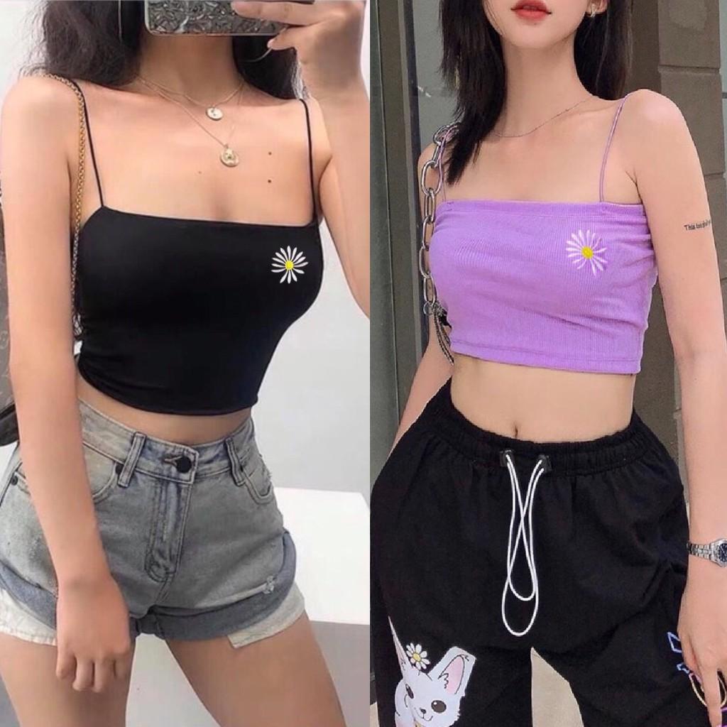 ÁO HAI DÂY THÊU HOA CÚC CROPTOP NGẮN NỮ ÔM BODY HOT GIRL HÀN QUỐC SWAG CHẤT 80