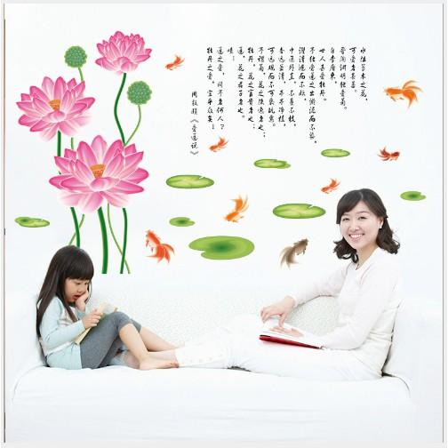 Decal trang trí hoa sen thư pháp