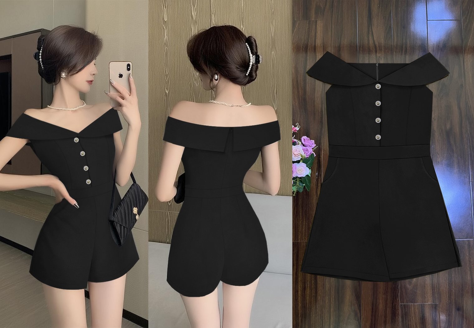 Jum short trể vai dây kéo lưng phối nút xinh xắn