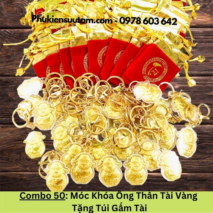 Combo 50 Móc Khóa Ông Thần Tài Vàng Tặng Túi Gấm Tài, kích thước: 4cmx3.5cm, màu vàng - SP005959