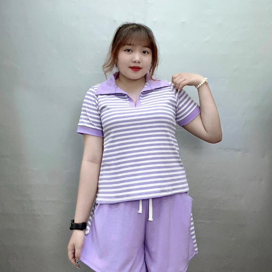 Áo thun polo cổ trụ bigsize nữ kèm quần đùi thun phối sọc co giãn chất gân tăm, Set bộ bigsize Cô Nhỏ - STRU22 - Màu Tím