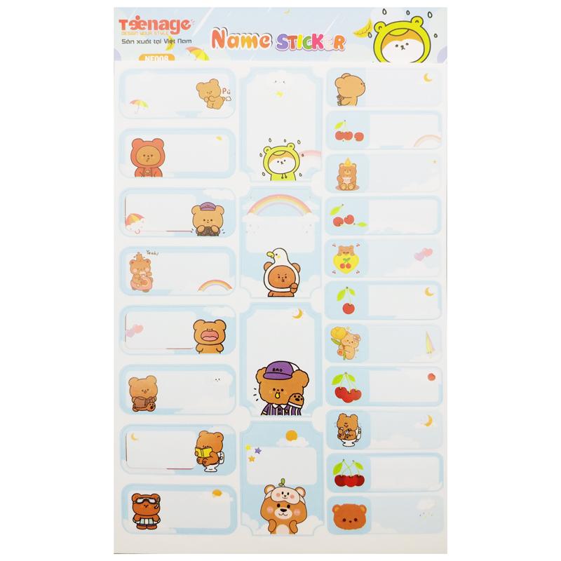 Bộ 5 Tờ Sticker Name - Teenage SN-05 - Gấu Nâu