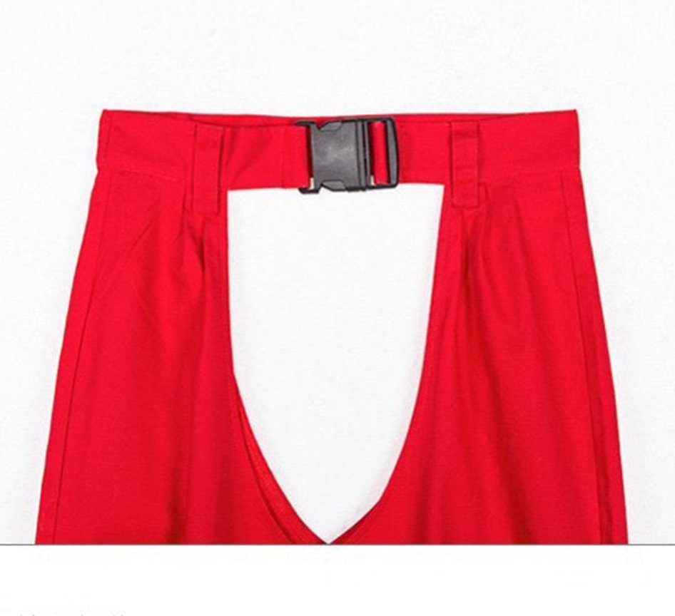 [Có Sẵn] Quần jogger khoét đùi hở sâu form rộng chất vải đẹp màu đỏ phối khóa gài cá tính cho Nữ