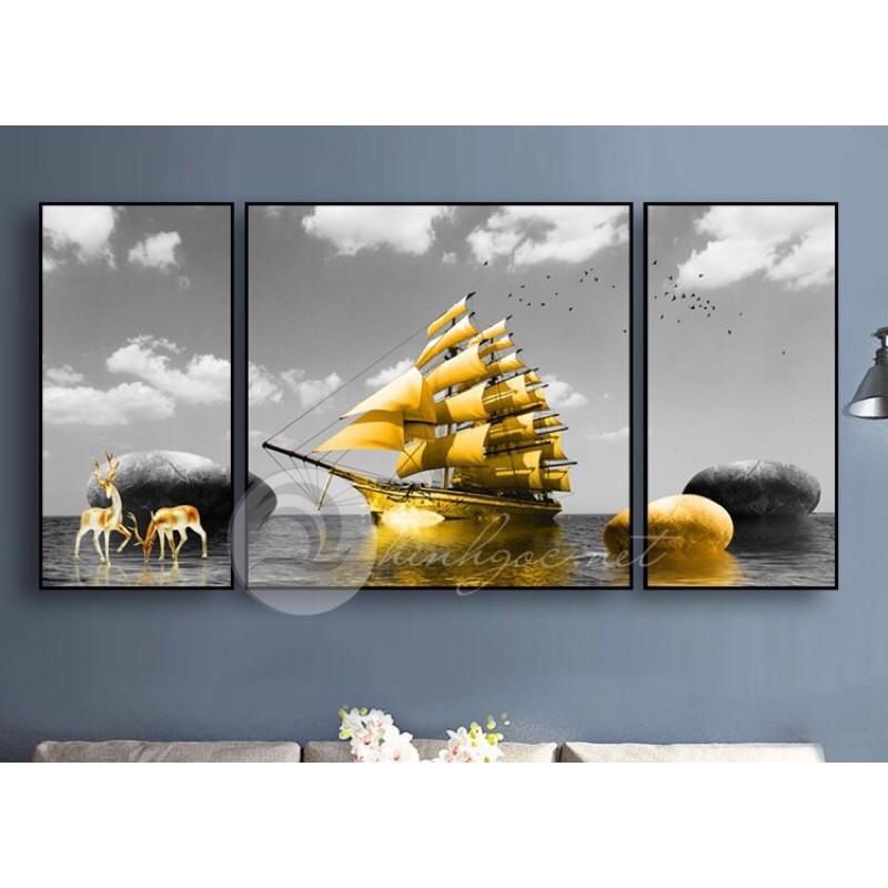 Tranh treo tường - Tranh trang trí nhà cửa - Tranh canvas - Tranh treo phòng khách bộ 3 tấm thuyền buồm xuôi gió.