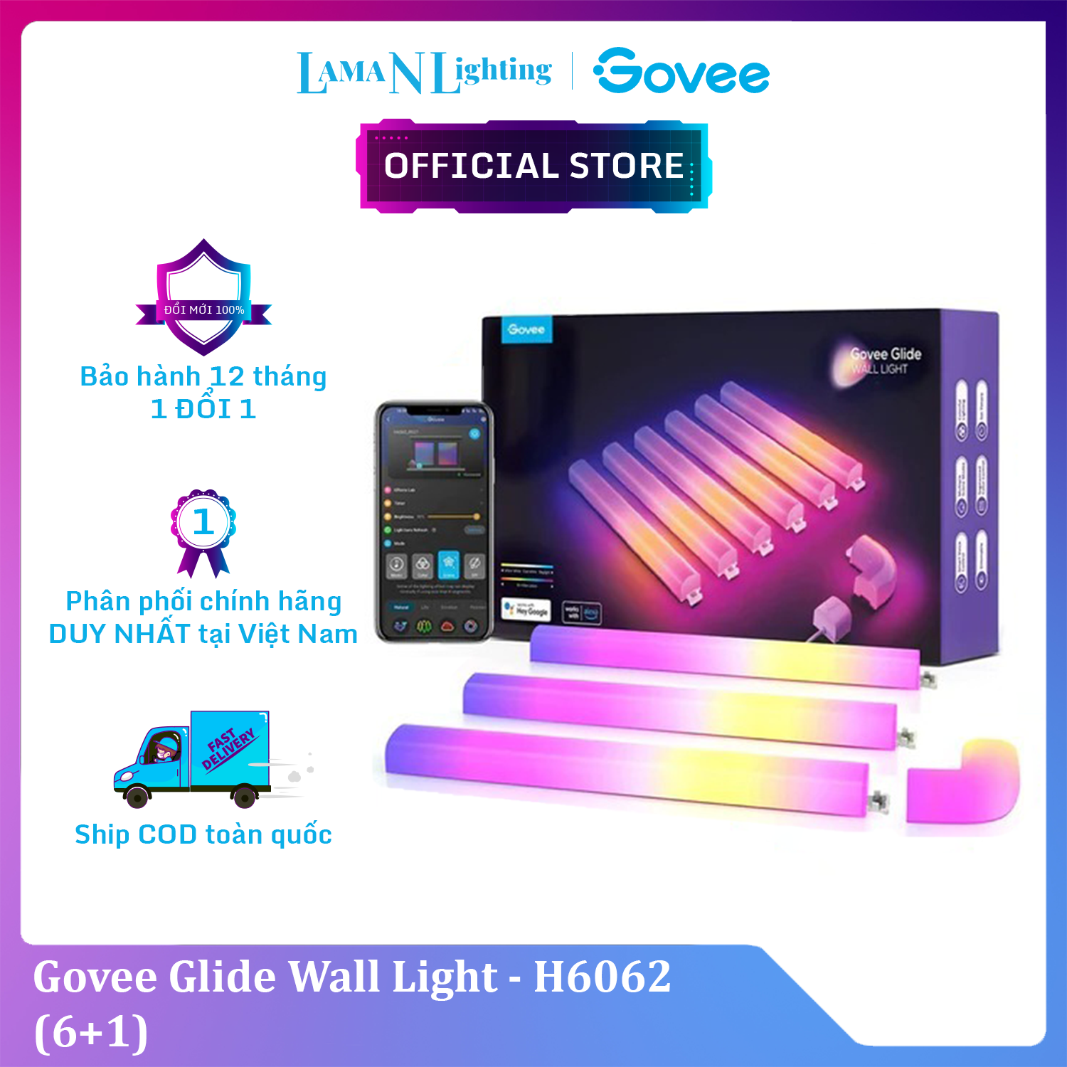 Thanh Đèn LED lắp ghép Govee Glide Wall Light H6062 (6+1) | 42+ Hiệu ứng ánh sáng động RGBIC 16 triệu màu, cảm biến nhạc