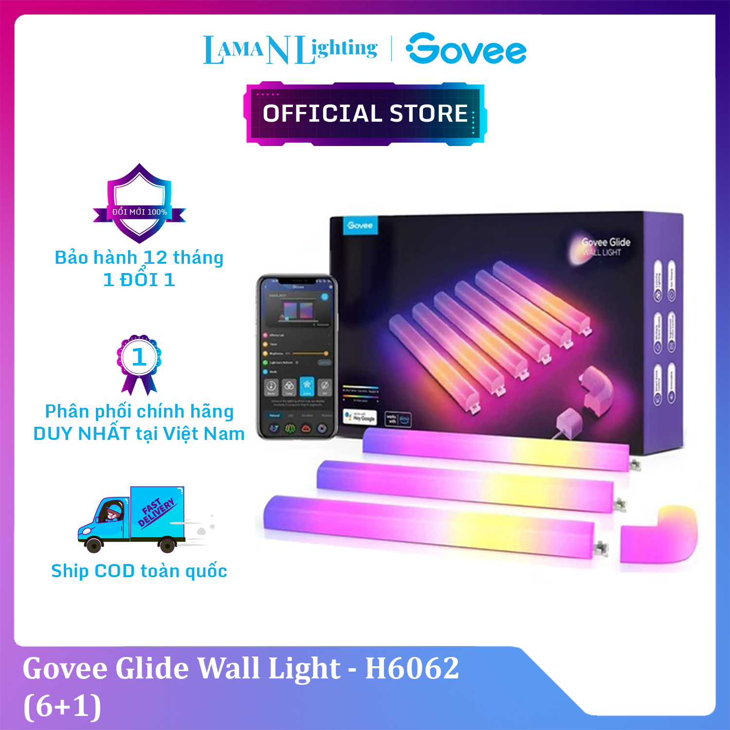 Đèn LED treo tường Govee Glide Wall Light H6062 | DIY, công nghệ RGBIC 16 triệu màu tùy chỉnh, kết nối thông minh | Hàng chính hãng