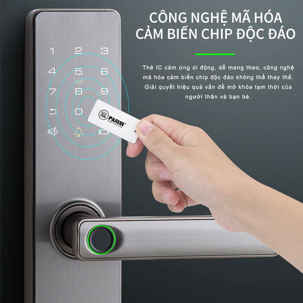 Khóa điện tử thông minh khóa vân tay cửa gỗ PASINI PS01VG50 - Thân khóa tự động, 5 cách mở cửa, mở khoá vân tay - Hàng Chính hãng