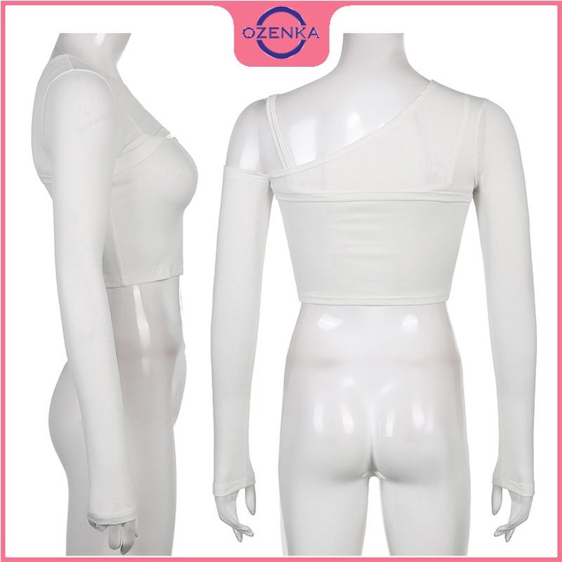 Áo croptop kiểu hàn quốc nữ, set áo croptop dài tay trễ vai kèm áo 2 dây ôm body thun gân cotton màu đen trắng