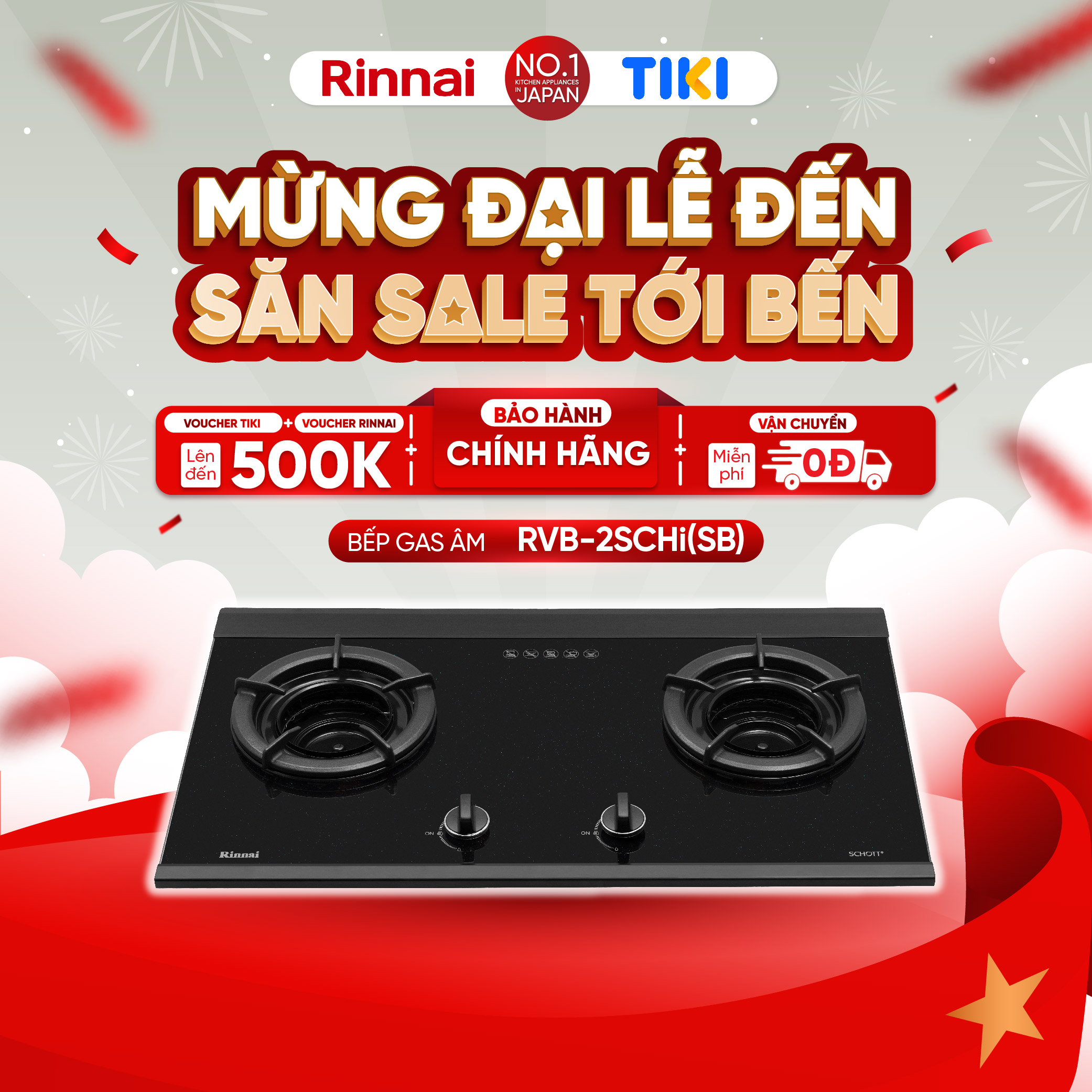 Bếp gas âm đầu đốt trong Rinnai RVB-2SCHi(SB) mặt bếp kính SCHOTT và kiềng bếp gang - Hàng chính hãng
