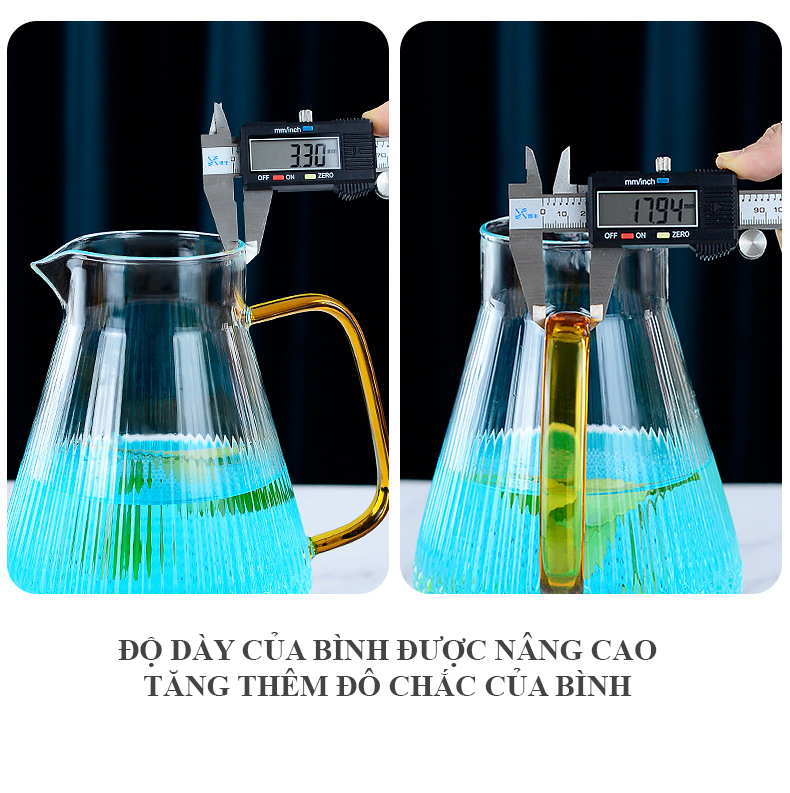 Bình Nước Thủy Tinh Trong Suốt Hình Dạng Kim Cương 1500ml Nắp INOX, Ly 270ml